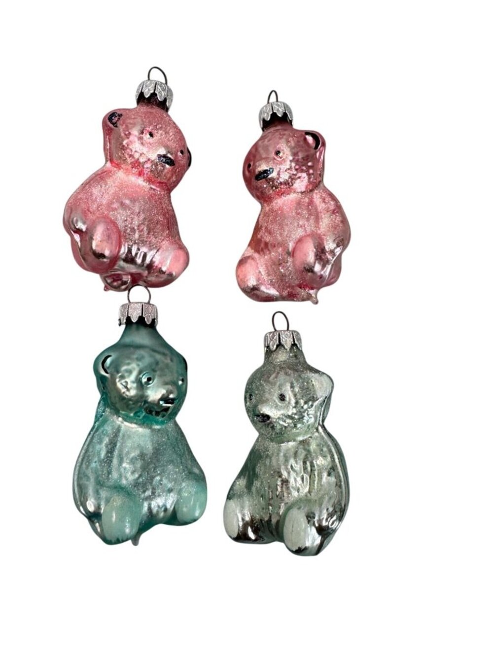 Vintage West Germany Pink Aqua Mercury Glass Teddy Bear Ornaments Set of 4 2 1/2